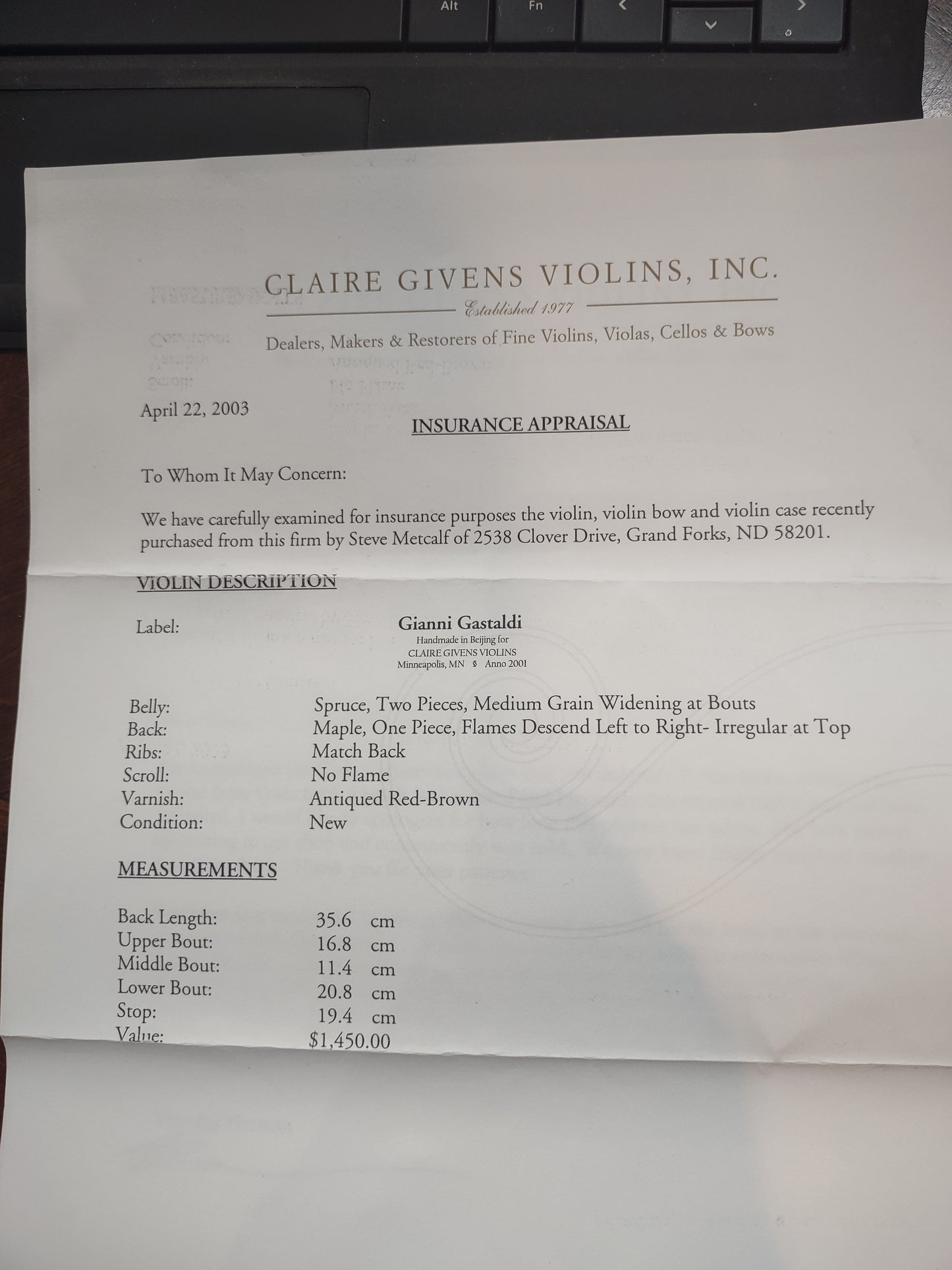 2002 Gianni Gastaldi Violin made for Clair Givens